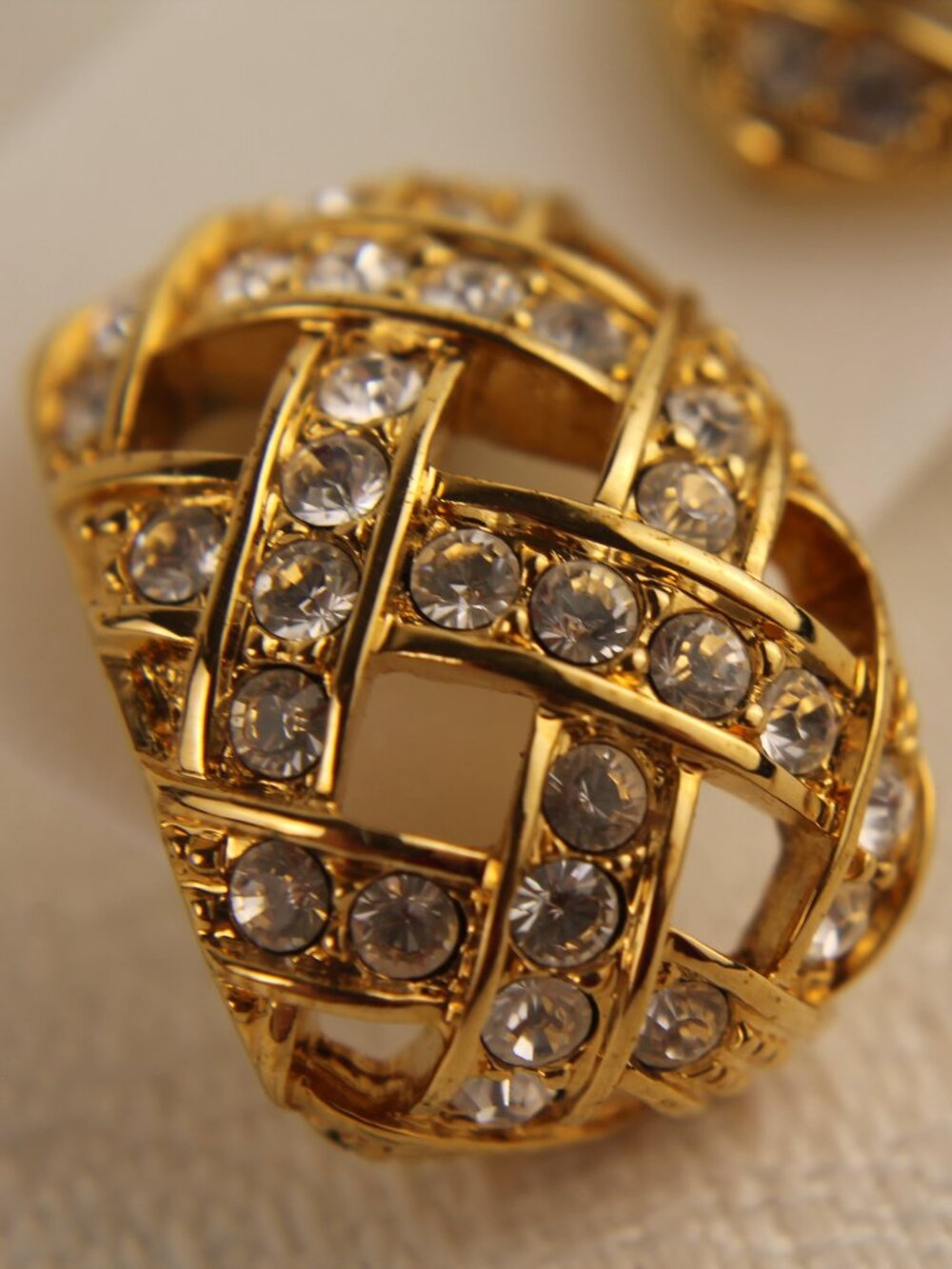 Gold Tone Clear Crystal Rhinestone Woven Lattice Openwork Dome Earrings